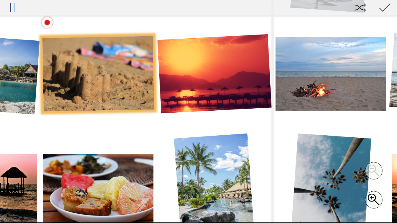 Un écran montre environ 8 photos en une grille et inclinées. Les photos montrent des vacances dans les tropiques: un château de sable, un coucher de soleil au-dessus de l'océan, un feu de camp à la plage, une piscine avec des palmiers, et un ciel bleu avec des palmiers